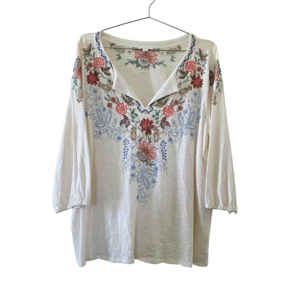 J Jill Embroidered Floral Top Womens XL Petite Ivory Neutral Boho Blouse